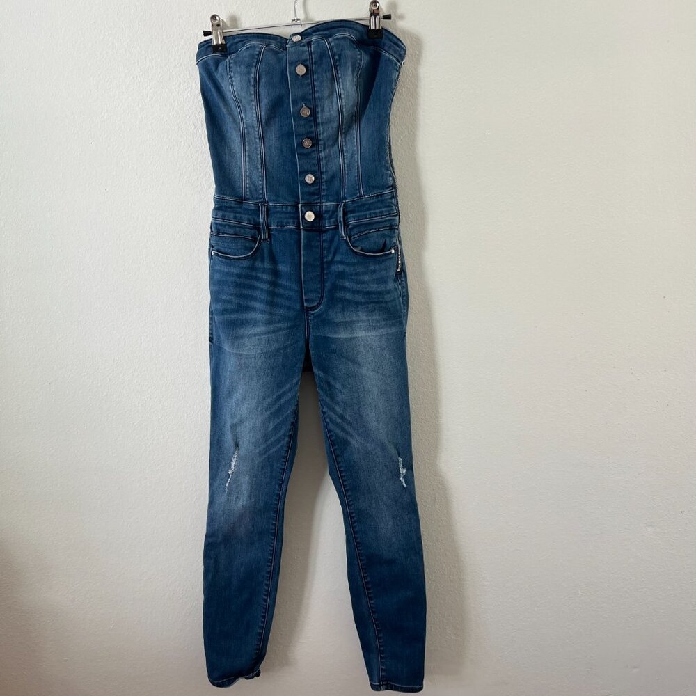 Bebe Strapless Denim Jumpsuit Blue Jean 90s Style One Piece Size 27 - Picture 2 of 8